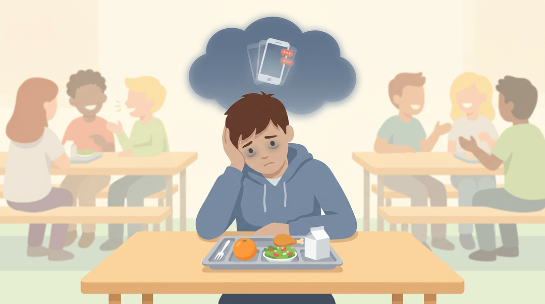 A lonely, exhausted student sits at a lunch table with an untouched meal, surrounded by a dark cloud of digital notifications while classmates chat in the background.