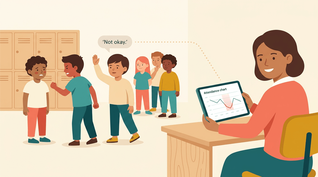 Teacher spots a student's attendance dip on a tablet while peers intervene in a classroom conflict, connecting data to proactive care.