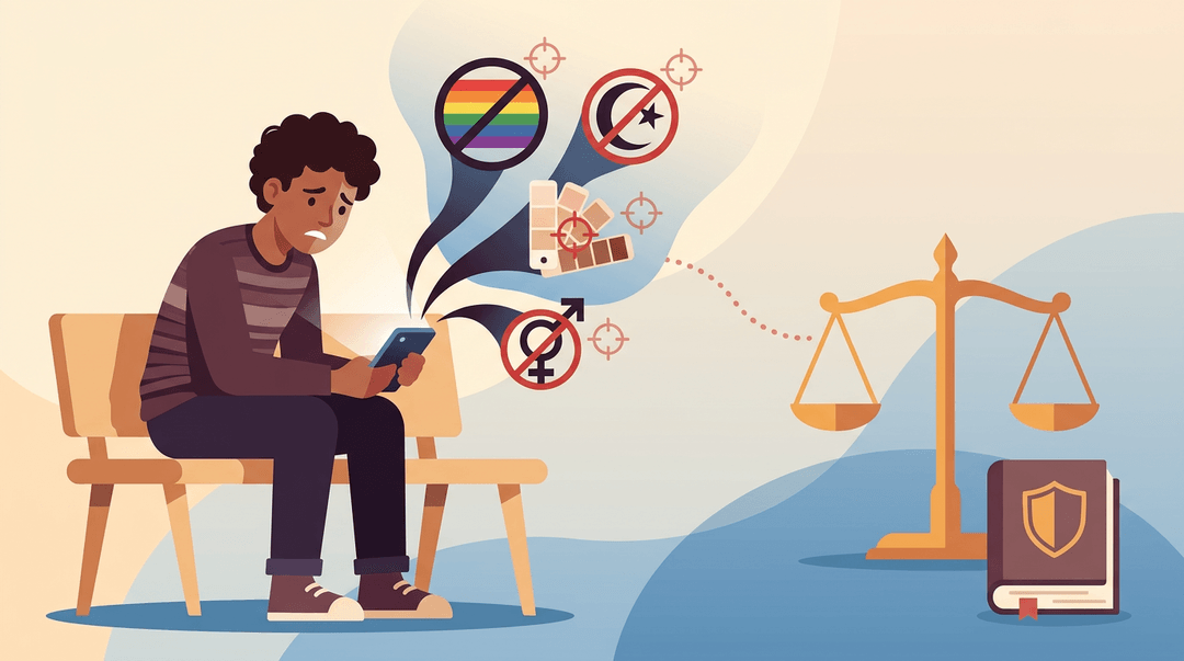 A student looks at hurtful online symbols while a scale of justice connects the harassment to legal consequences.