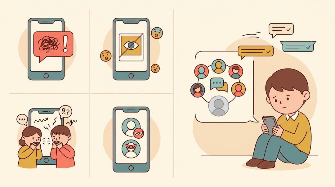 Five icons show cyberbullying types, while a slumped student sits alone outside an exclusive group chat.