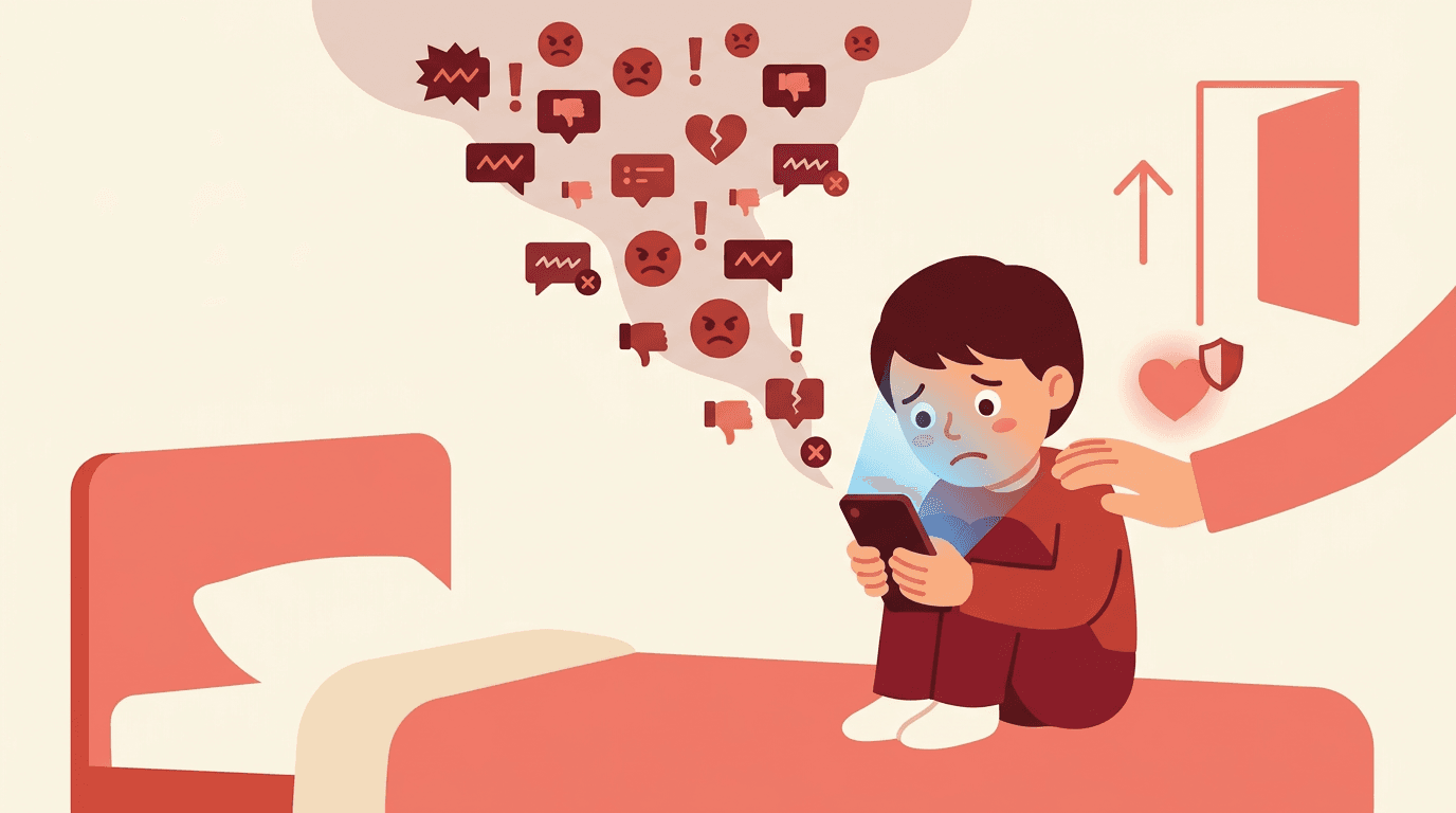 A sad student faces digital bullying icons while a supportive adult hand offers comfort, symbolizing help against online harassment.