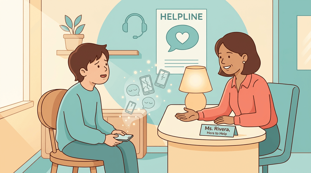 A student speaks with a caring counselor in a cozy office, symbols of worry dissolving as trust builds.