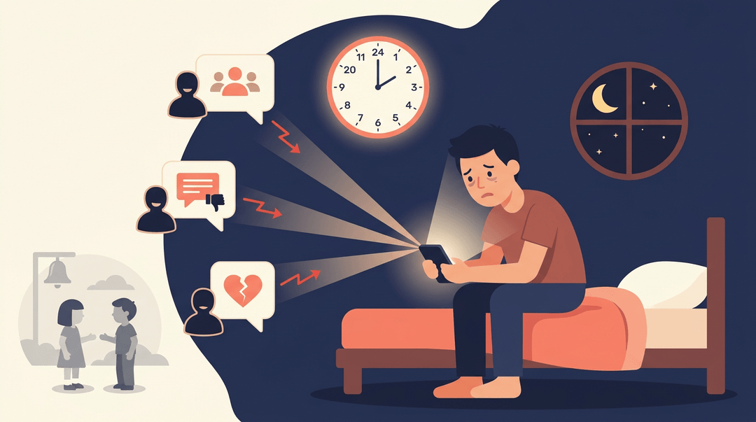 A tired adult in bed is surrounded by glowing icons of digital harassment, highlighting isolation and constant online intrusion.