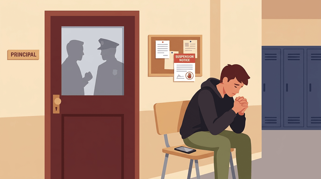A worried teen sits outside a principal's office, with silhouettes of an officer inside and a suspension notice on the wall.