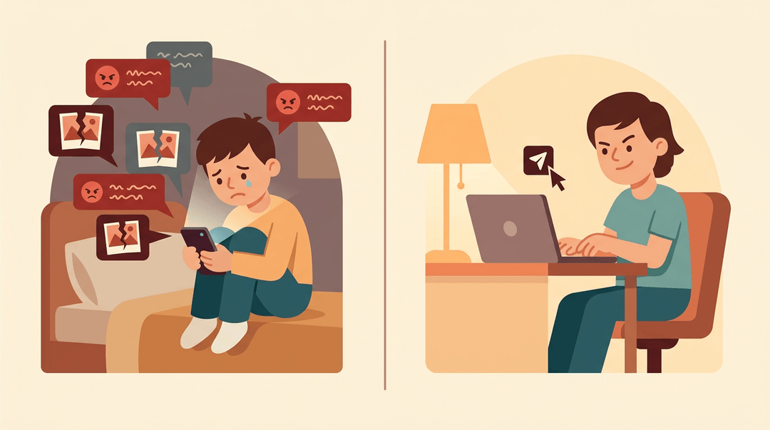 Teenager receives mean messages on a phone while another student types them intentionally, illustrating cyberbullying.