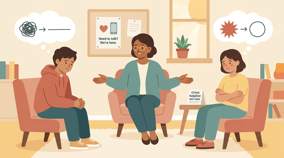 Counselor guides two students in a safe office, visualizing their healing thought bubbles and supportive environment.