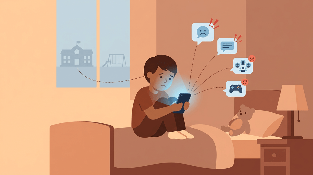 A child in bed looks distressed by a glowing phone, with icons showing cyberbullying following them from school into their private space.