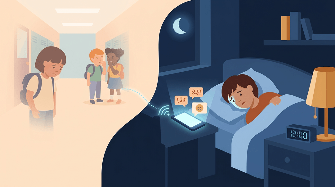 A child lies awake at night, anxious about hurtful messages on a smartphone, while a fading school scene connects to the phone via a dotted line.