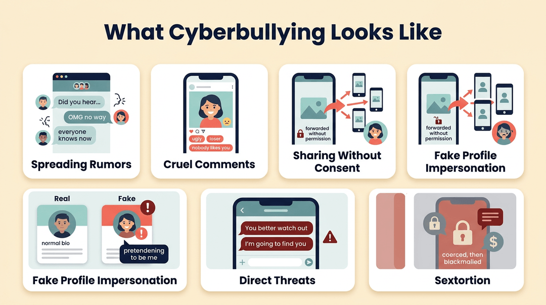 An infographic illustrating six forms of cyberbullying, including rumors, cruel comments, and threats, using simple icons on a cream background.