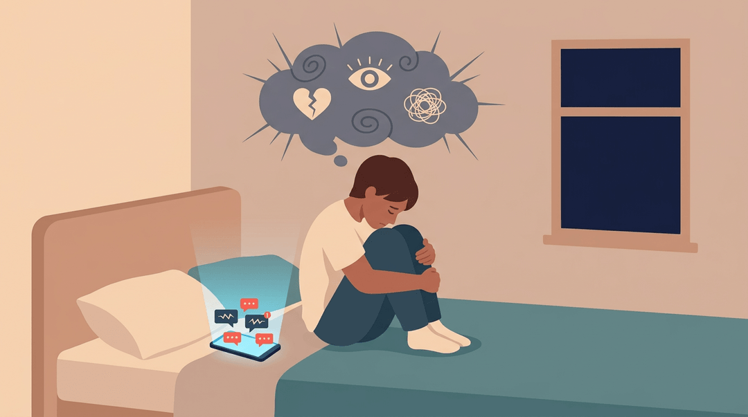 A teen sits withdrawn on a bed, surrounded by a glowing phone with cruel notifications and a dark cloud of anxiety symbols.