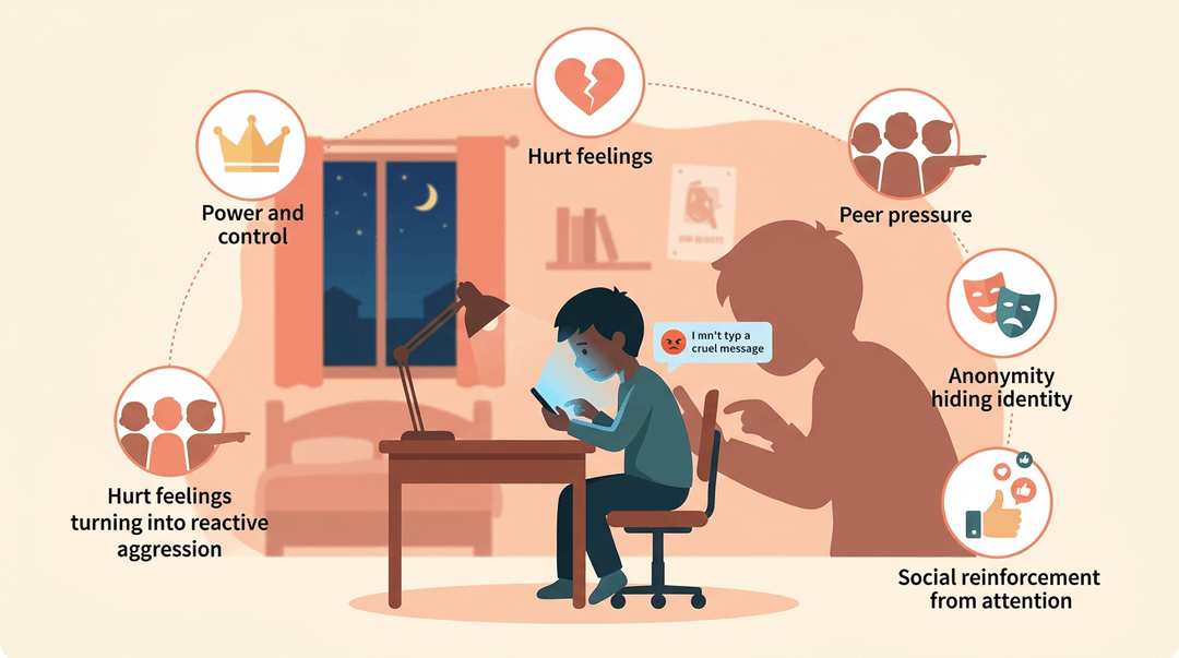 A boy texts cruelly under phone glow while icons representing power, peer pressure, and anonymity float around him.