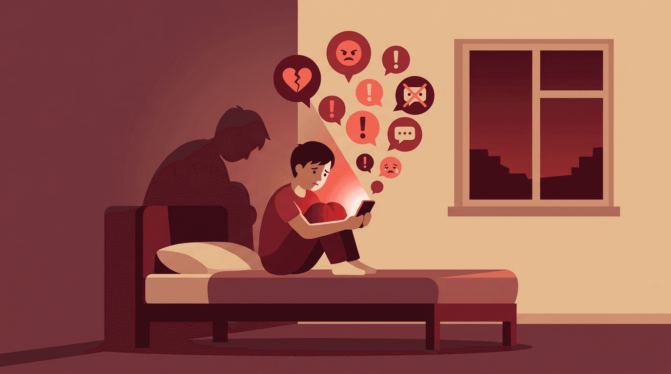 Teenage student sits on bed holding a glowing phone while negative icons swirl around their head, casting a heavy shadow to show online harassment anxiety.