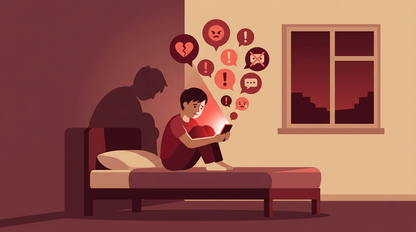 Teenage student sits on bed holding a glowing phone while negative icons swirl around their head, casting a heavy shadow to show online harassment anxiety.