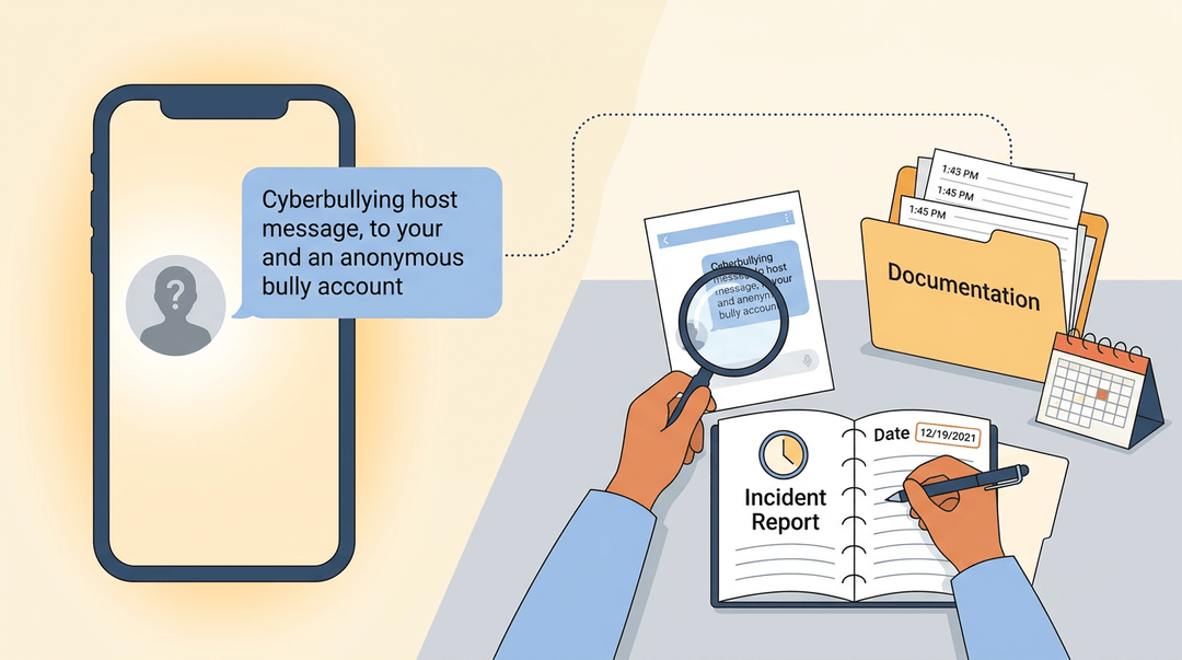 Teacher documents cyberbullying evidence with magnifying glass and logbook, connecting anonymous message to organized file.