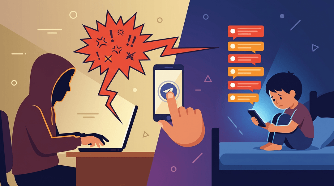 A faceless sender types on a laptop while a child sadly receives constant notifications on a phone, linked by a large send button.