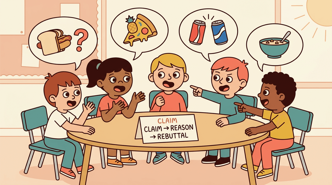 Diverse kids debate food topics like pizza and hot dogs around a table marked 'Claim, Reason, Rebuttal' in a cheerful classroom.