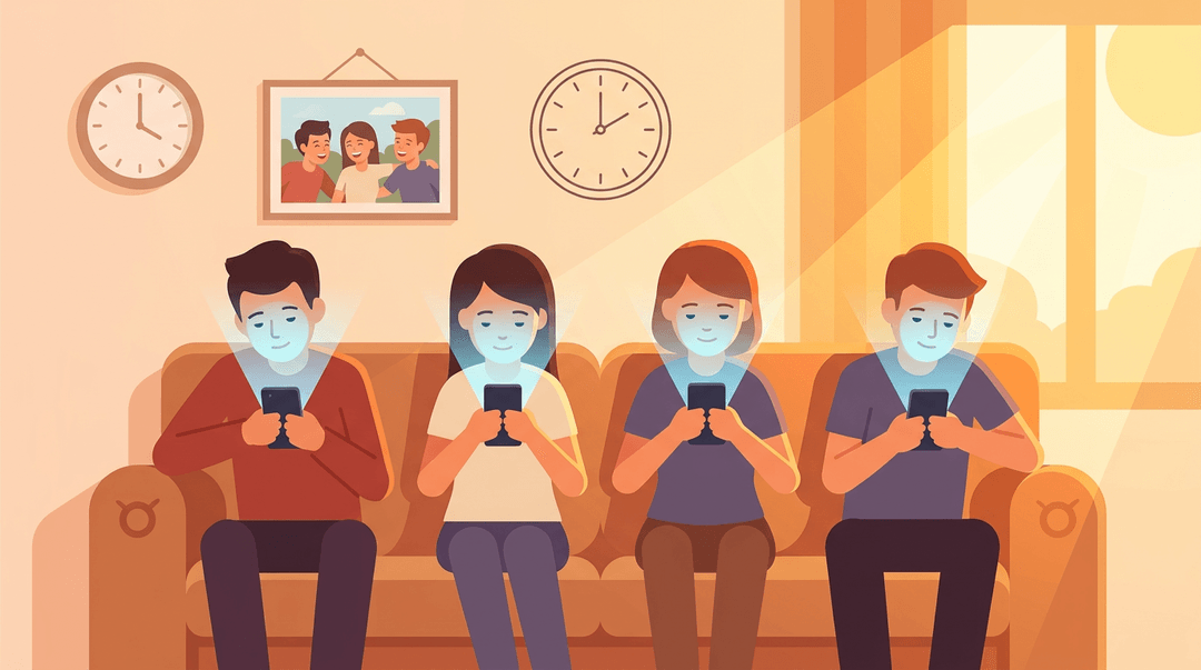 Teens sit together on a couch, physically close but mentally disconnected by their glowing smartphones.