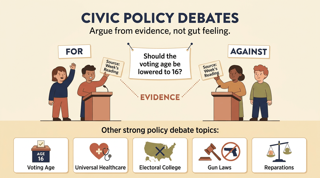 Students debate lowering the voting age using evidence, with icons showing other civic topics like healthcare and gun laws.