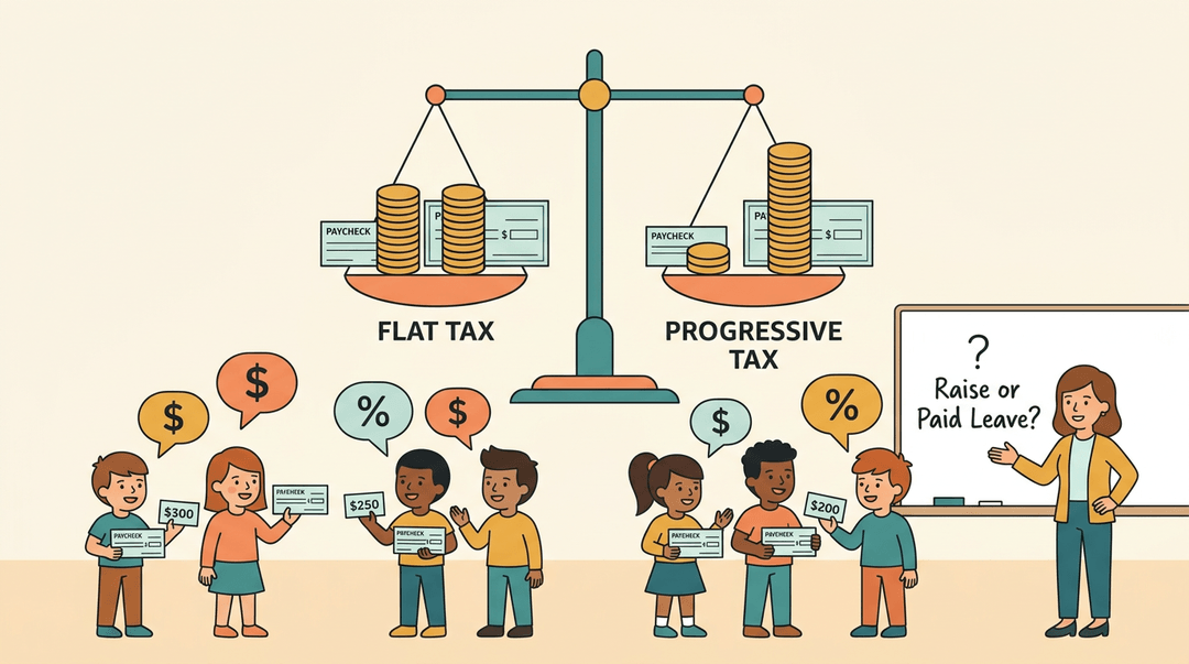 Students debate flat versus progressive taxes using scales and paychecks while a teacher guides the lesson.