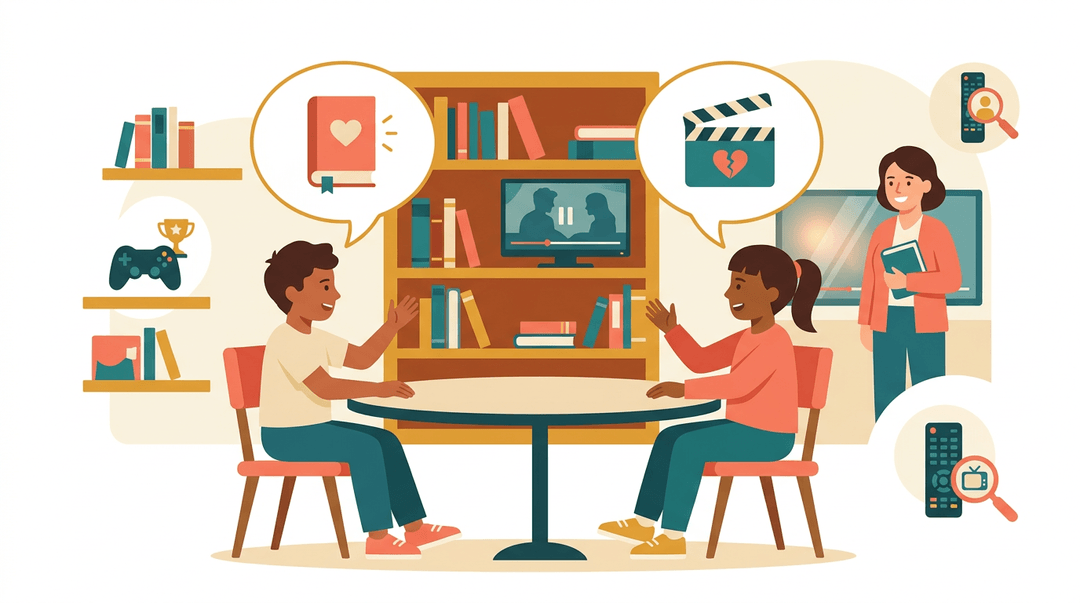 Two students debate books versus movies at a library table, guided by a librarian.