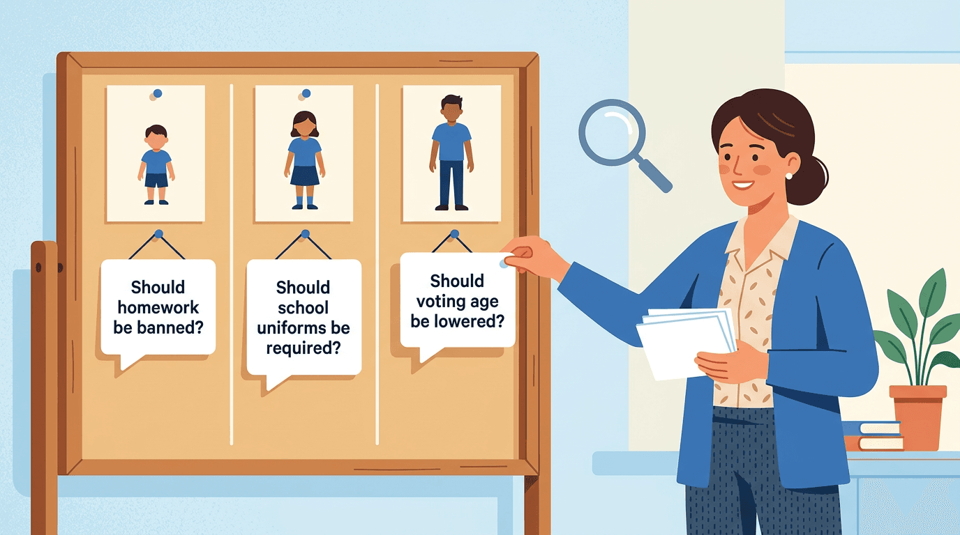 Teacher pins age-appropriate discussion topics like homework and voting to a bulletin board, symbolizing differentiated instruction.