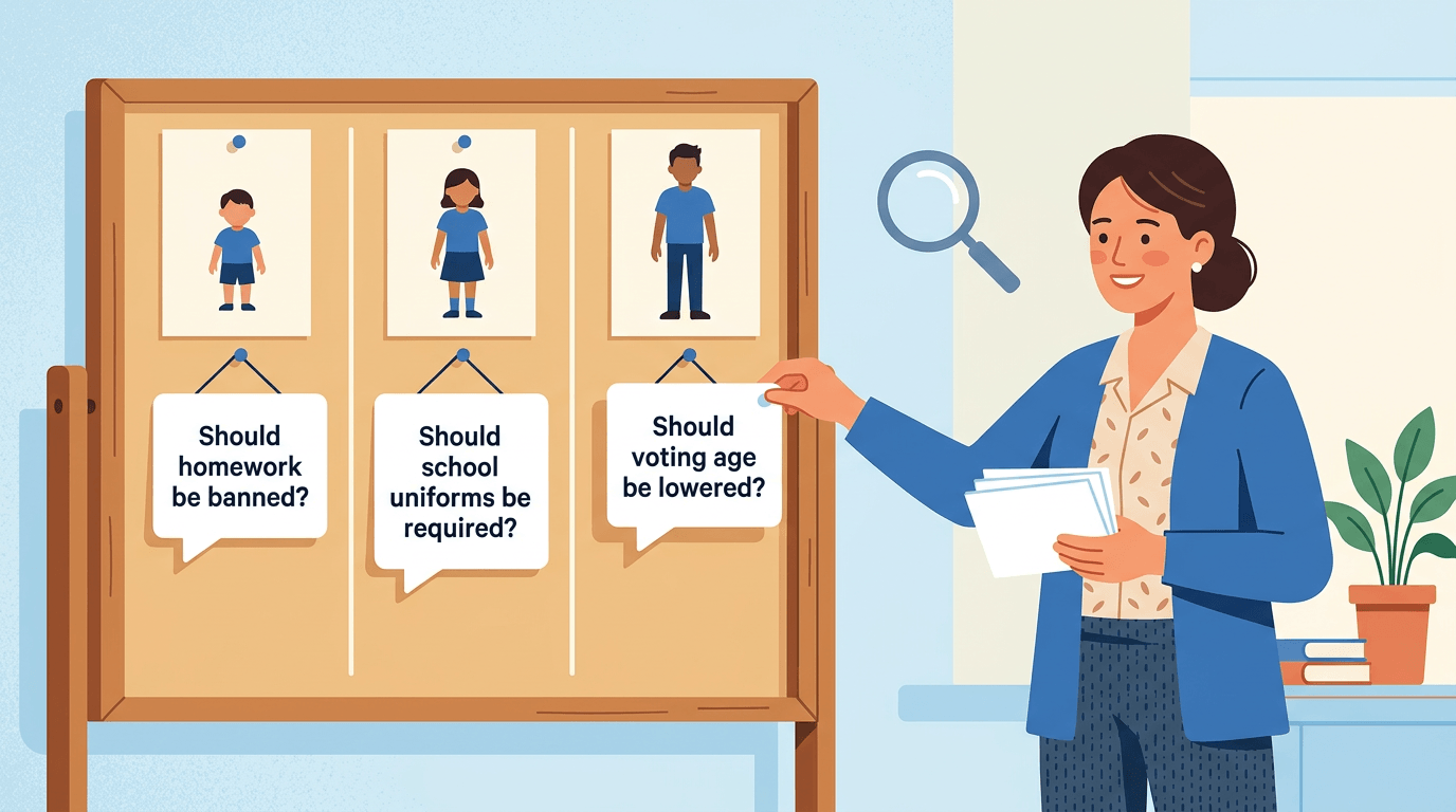 Teacher pins age-appropriate discussion topics like homework and voting to a bulletin board, symbolizing differentiated instruction.