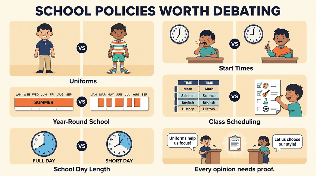 Infographic comparing school policies like uniforms and start times with contrasting visuals, ending with students debating evidence.