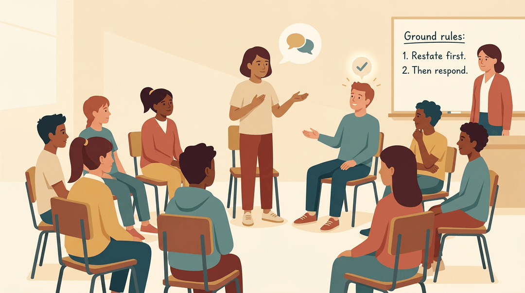 Diverse students in a circle practice respectful discussion, with one restating another's point while a teacher observes nearby.