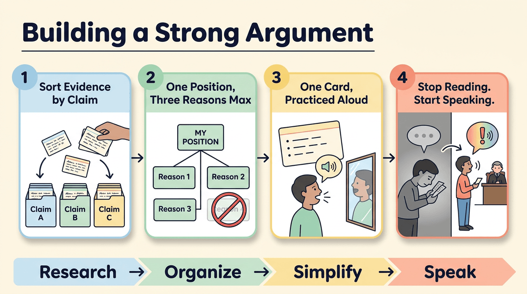 Infographic showing four steps to build an argument: sort evidence, limit reasons, practice aloud, and speak confidently.