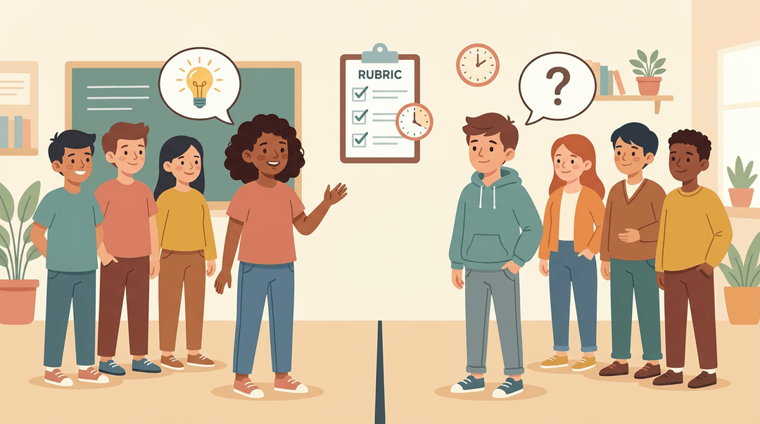 Students in two groups debate respectfully with speech bubbles and a timer icon.