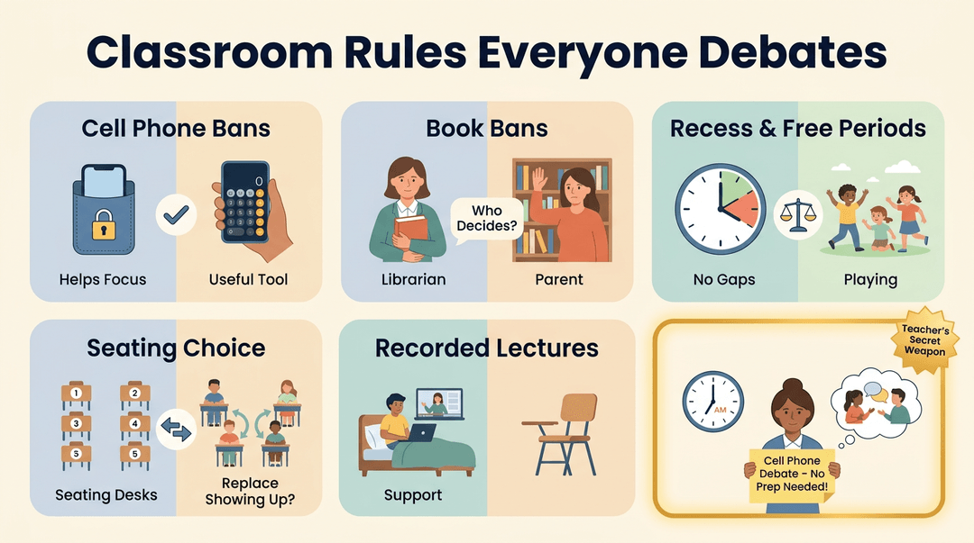 Infographic showing debates on cell phones, books, recess, seating, and lectures, plus a teacher's tip for substitute lessons.