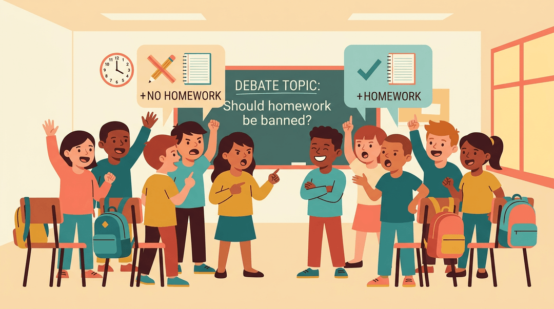 Students debate banning homework in a lively classroom, holding signs for and against the topic while a clock shows past 3pm.