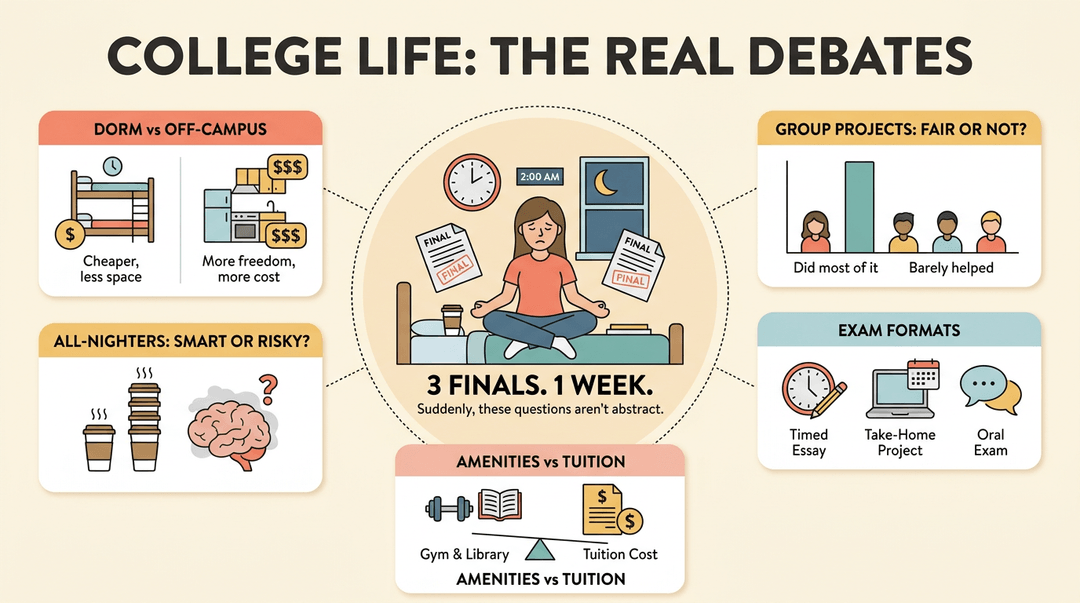Infographic comparing college life realities like dorm costs, group projects, and all-nighters with a stressed student in the center.