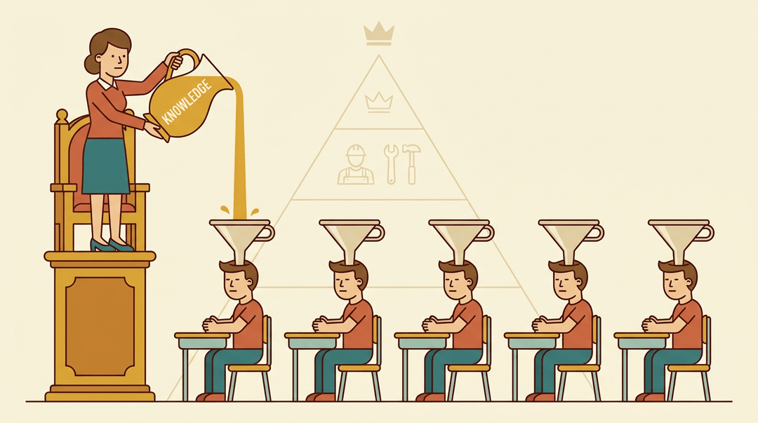 A teacher pours knowledge from above into identical students with funnels for heads, illustrating passive learning.