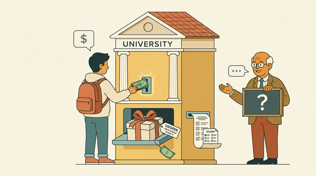 A student buys a degree from a university-shaped vending machine while ignoring a questioning professor.