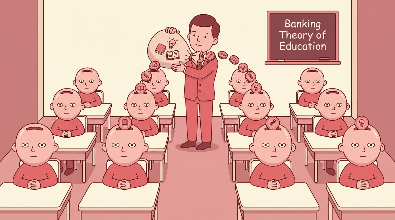 Teacher deposits coin-shaped knowledge tokens into passive students' heads, illustrating the banking theory of education.