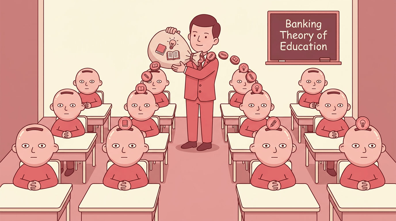 Teacher deposits coin-shaped knowledge tokens into passive students' heads, illustrating the banking theory of education.