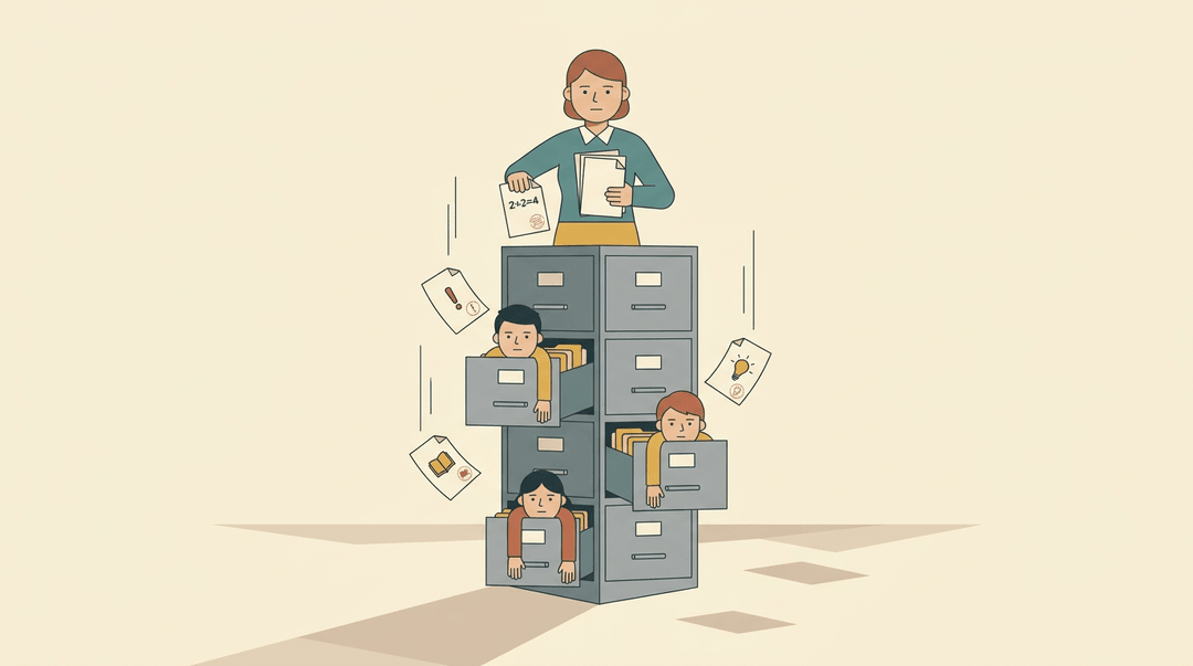 Teacher drops standardized papers into a filing cabinet where students sit passively like folders.