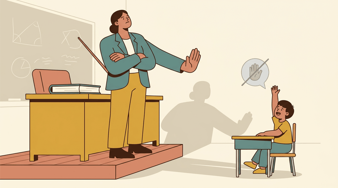A towering teacher silences a small student's raised hand with a stop gesture, using scale to show power imbalance.