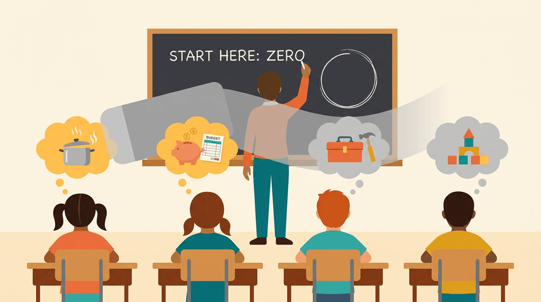 A teacher erases diverse students' real-life knowledge bubbles at a chalkboard labeled 'START HERE: ZERO'.