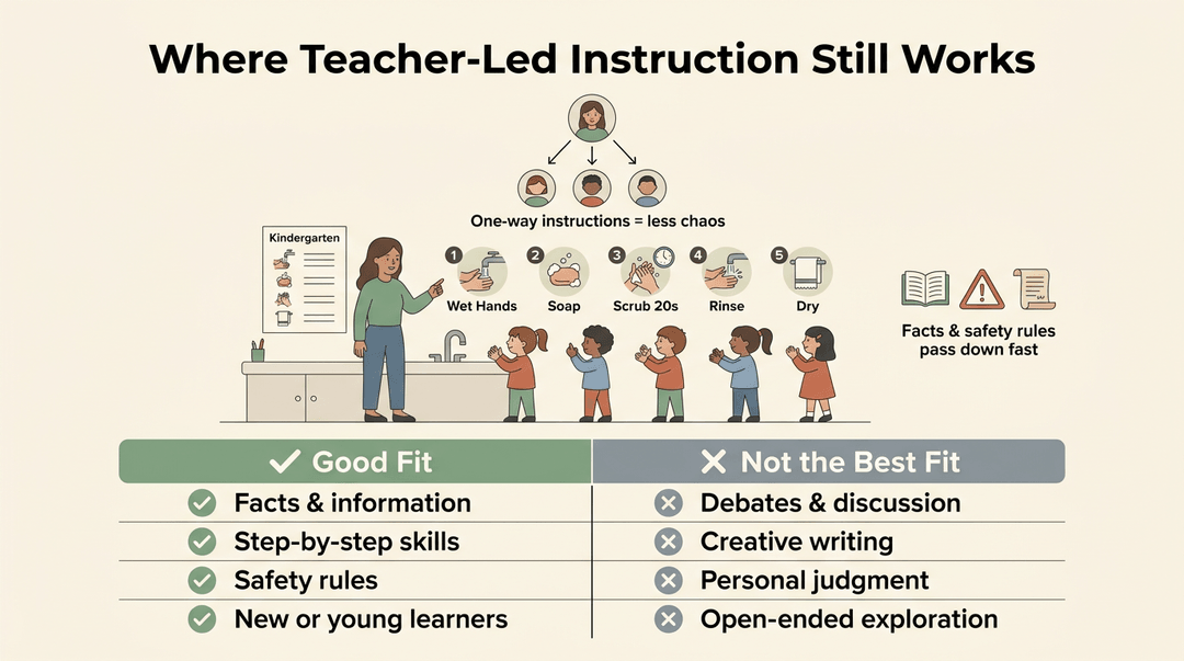 Illustration showing direct instruction via a teacher modeling handwashing steps to young students, with a chart comparing when this method is effective.