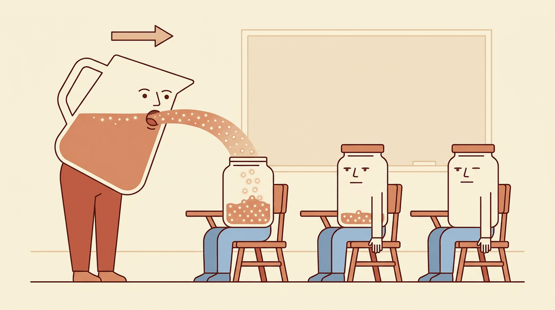 A teacher pours knowledge into passive students depicted as empty jars in a one-way educational transmission.