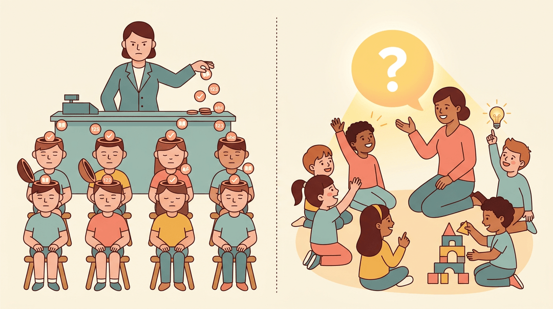 Contrast between passive, transactional teaching on the left and active, engaging student-centered learning on the right.