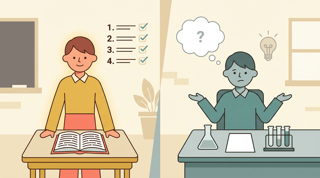 A student contrasts confident rote learning with creative paralysis in a split classroom scene.