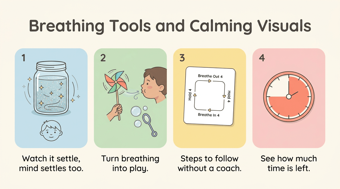 Poster showing four calming classroom tools: a glitter jar, pinwheel, square breathing guide, and visual timer.