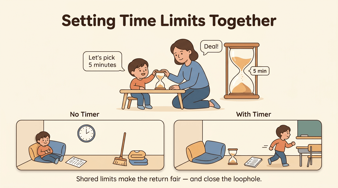 A teacher and child set a sand timer together, contrasting a relaxed