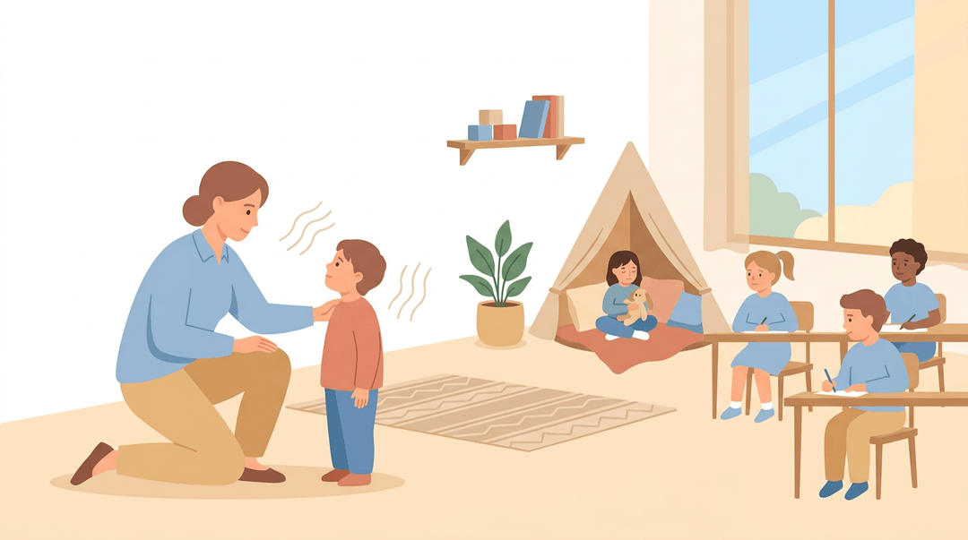 A teacher kneels to reassure a student while another child rests in a calm corner, illustrating emotional regulation.
