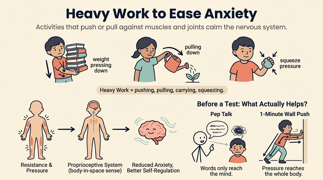 An infographic illustrating heavy work activities like carrying books and wall pushes to calm anxiety through proprioceptive input.