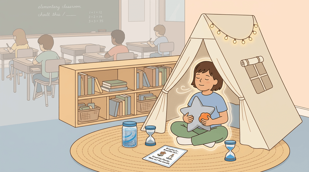 A first grader rests in a cozy classroom tent with calming tools, finding peace amidst the busy room.