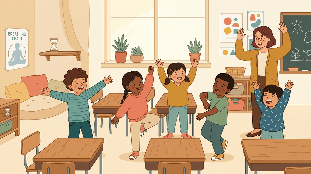 Diverse students freeze-dance joyfully while a teacher leads, with a cozy calm-down corner visible in the warm classroom.